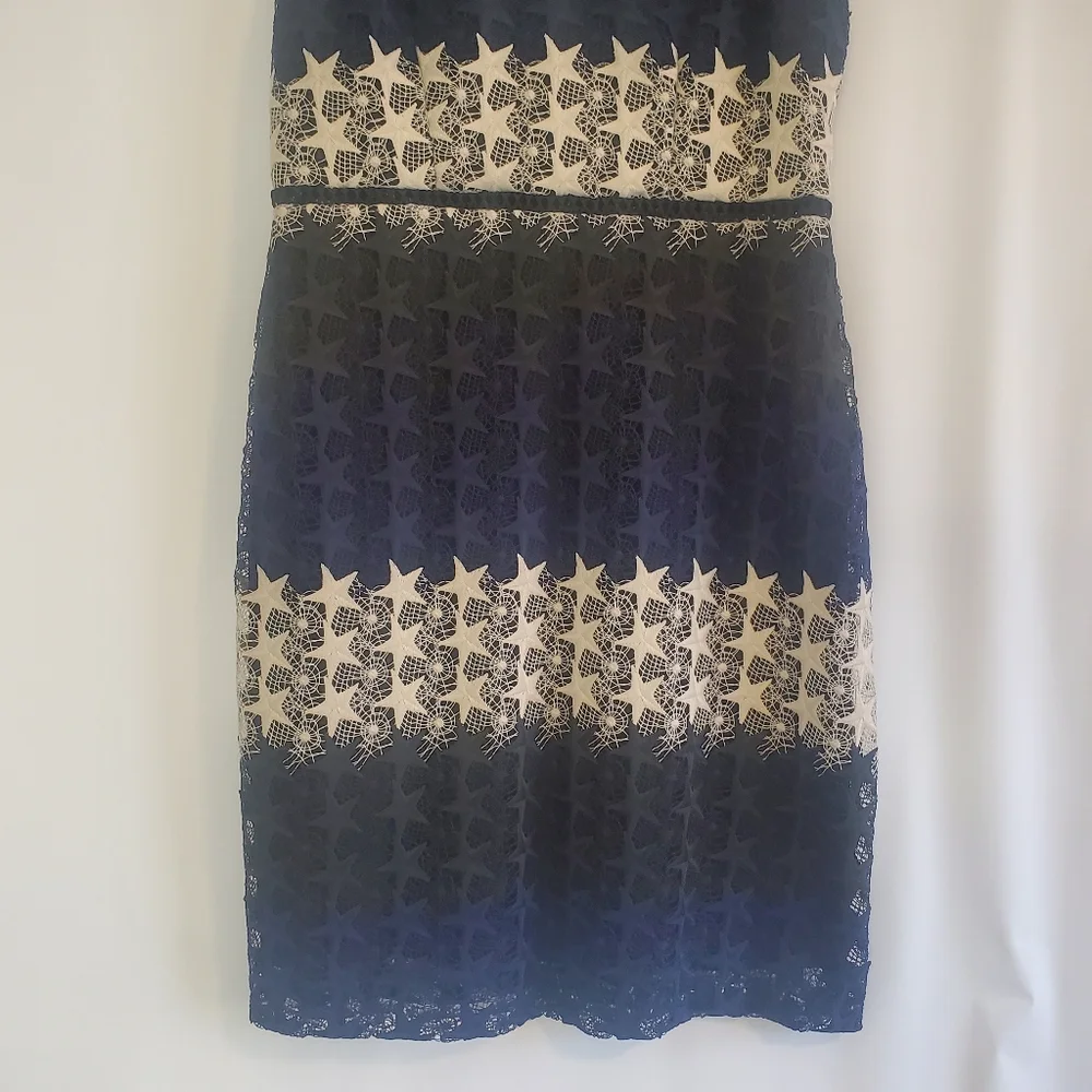 BEBE Size 10 Stars & Stripes adjustable straps empire waist crochet mini dress - Picture 5 of 10